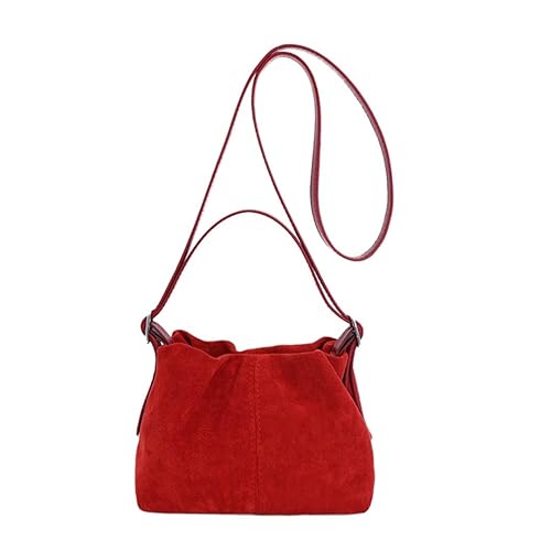 Suede Hobo Bags for Women Suede Tote Handbag Drawstring Bucket Bag Slouchy Crossbody Shoulder Bag Satchel Everyday Purse (Red)