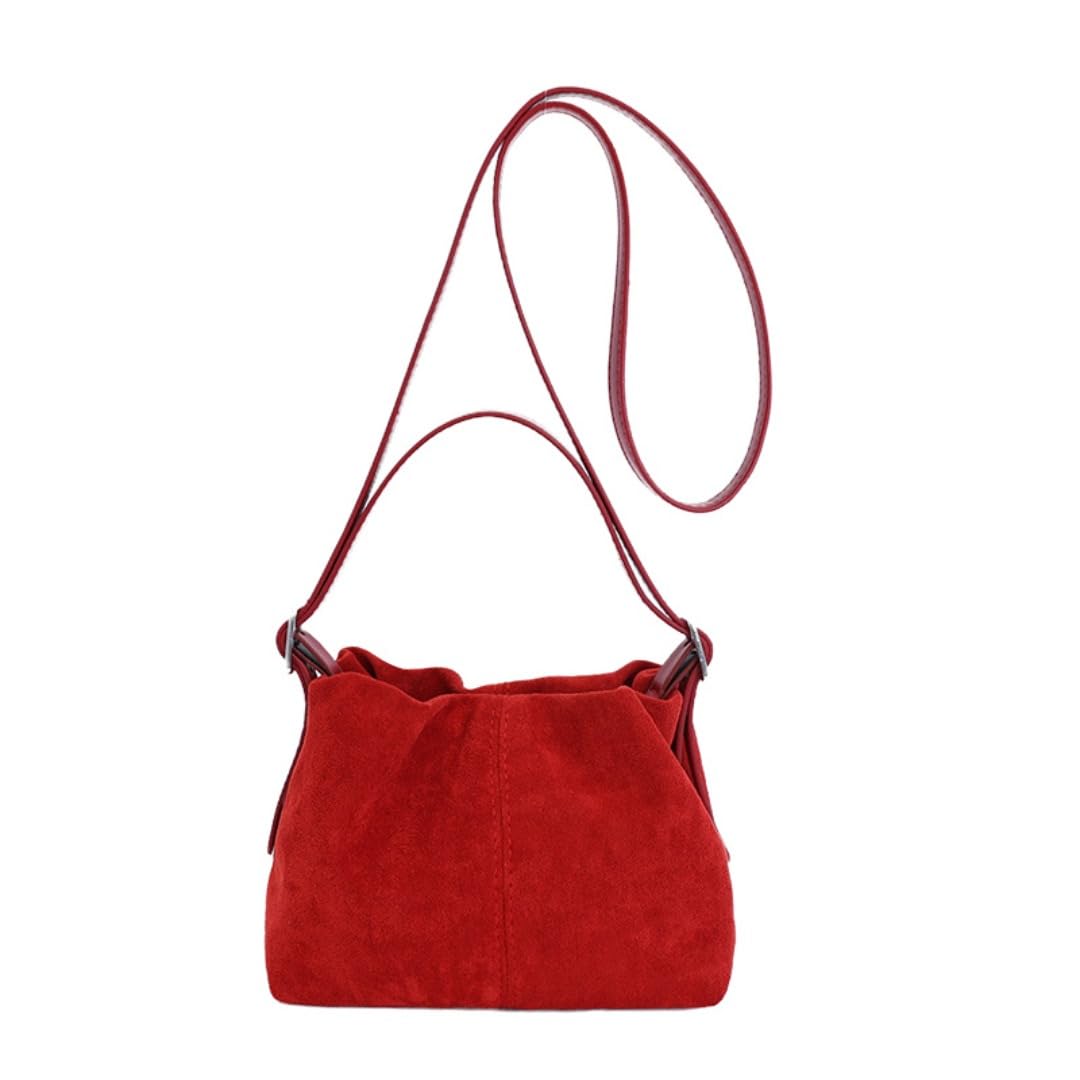 Suede Hobo Bags for Women Suede Tote Handbag Drawstring Bucket Bag Slouchy Crossbody Shoulder Bag Satchel Everyday Purse (Red)