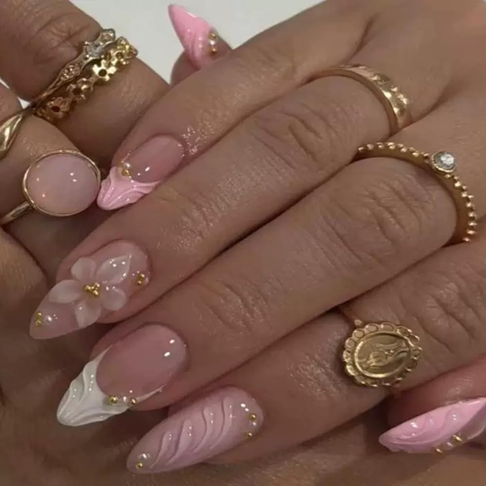 FJSMTOPl Flower Press on Nails Pink Fake Nails Mudium Almond False Nails Press ons with 3D Floral Design Stick on Nails Spring Handmade Acrylic Glue Beauty and Personal Care FJSMTOPl