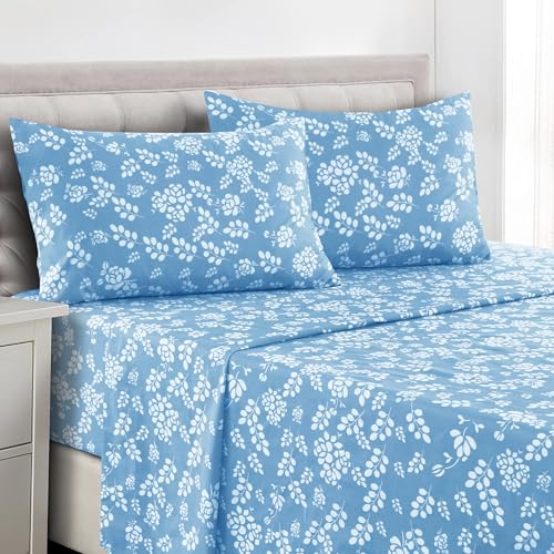 LDC Lux Decor Collection Bed Sheets Set, Full, Floral Blue, 4Pc, 1800 Count Microfiber, Deep Pocket, Wrinkle Resistant, Breathable