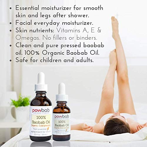 powbab 100% Baobab Oil Cold Pressed, Raw Organic Body Oil for Skin, Hair and Nail Repair. Pure Vitamin E Oil for Scars from Baobab Seeds for Skincare