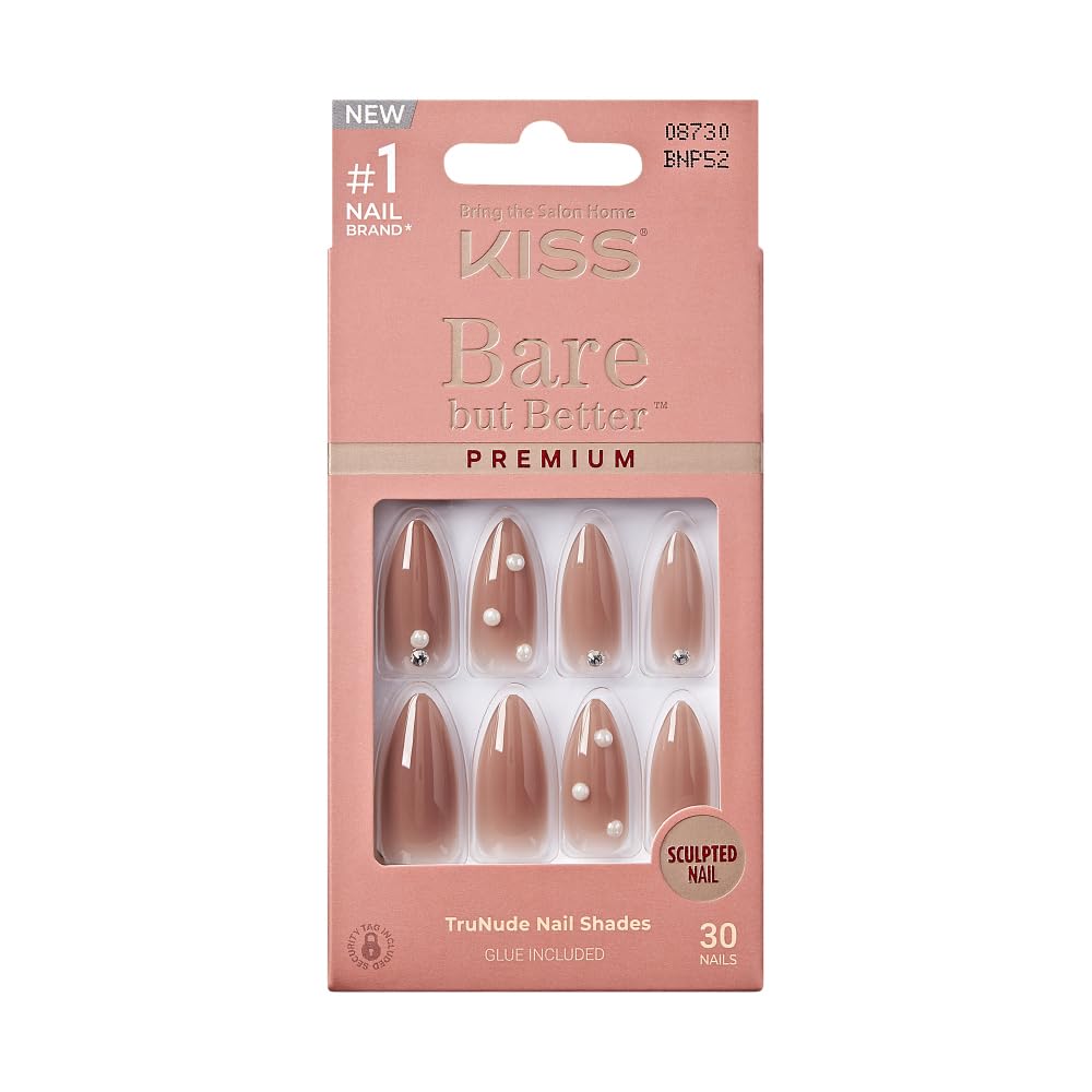 KISS False Nails Kit, Bare but Better Ready to Wear Sculpted Nails, Stick and Glue Included, Long Length, Almond Shape with Pearl Rhinestones Beauty & Personal Care KISS