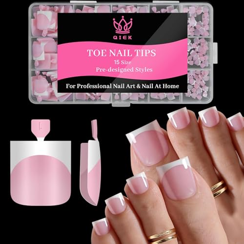 Toe Nails Press On French Tips for Women, 15 Sizes 150 Pcs Sharp Square Pre-applied Primer & Base Coat Toenail Press Ons Baby Pink Full Cover Fake Beauty and Personal Care QIEK Default Title