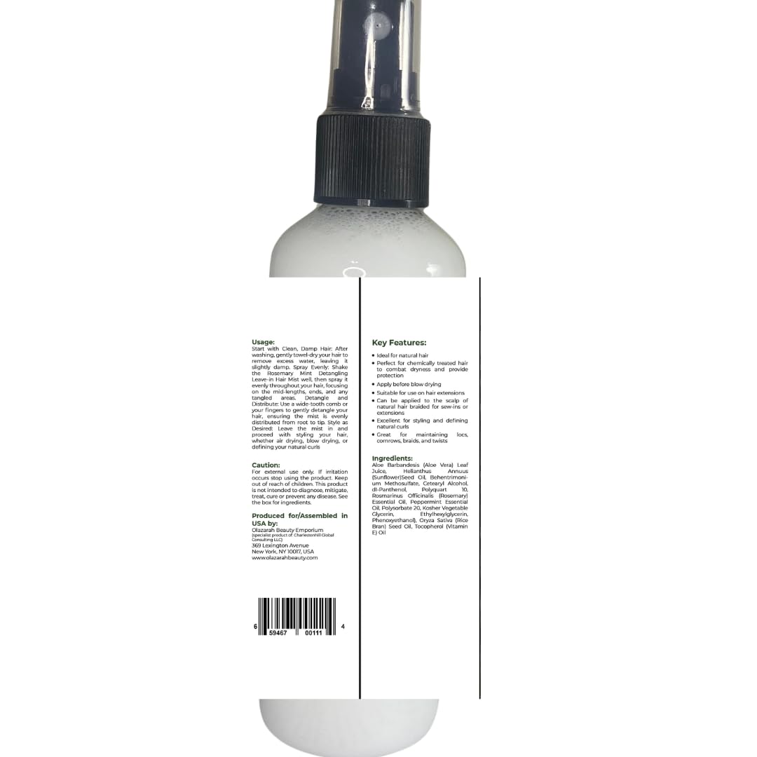 Detangling Leave-In Hair Mist Spray w/Rosemary & Mint - Frizz Control, Hydration, and Curl Perfection for All Hair Types, 4 fl. oz