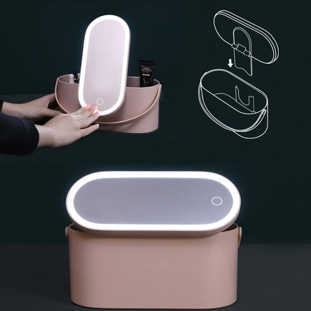 AMYESE Travel Makeup Box with LED Lighted Mirror, Multi-purpose Cosmetics Box Carrying Case Women's Dat Gift, White, Travel Size (Instruction