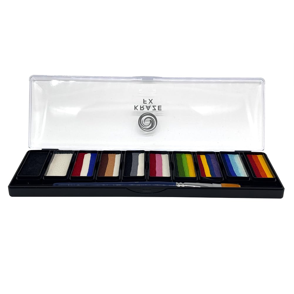 Kraze FX Key Colors Face Paint Palette - 10 Essential Split Cakes Including Black & White - 3/4" Professional Travel Set - Bestselling Color
