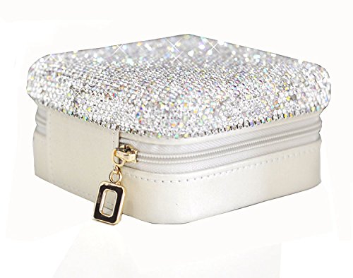 Bestbling Luxury Rhinestone Jewelry Holder Pouch, Travel Portable PU leather Organizer Case w Compartments for Jewelry,Hair Pins (Silver)