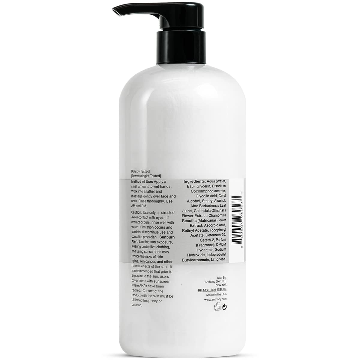 Anthony Glycolic Facial Cleanser for Men, Daily Exfoliating & Hydrating Face Wash, Shave Prep, Non-Foaming, Deep Cleansing, Gentle on Sensitive Skin