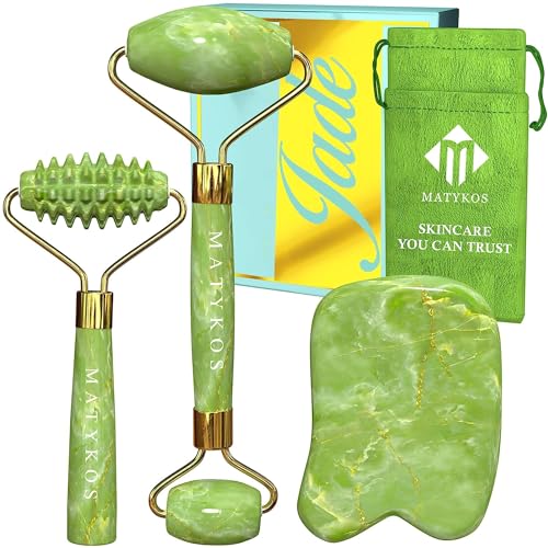 Matykos Jade Roller for Face and Gua Sha Set - 2 Anti-Aging Facial Rollers and Gua-Sha Facial Tool - Face and Body Massager for Your Skincare Routine