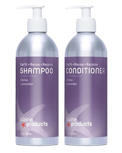 Plaine Products Eco-Friendly Shampoo and Conditioner - Citrus Lavender - Sulfate/Paraben/Phthalate Free, 16oz (Refillable Aluminum Bottles with Pumps)