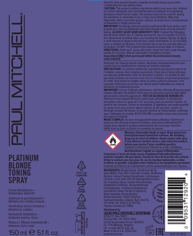 Paul Mitchell Platinum Blonde Purple Toning Spray, Cools Brassiness, Eliminates Warmth, For Color-Treated Hair + Naturally Light Hair Colors, 5.1 fl