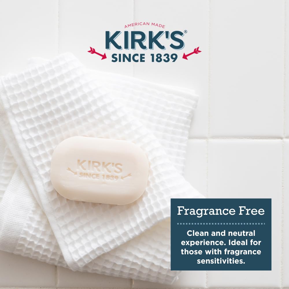 Kirk's Castile Bar Soap for Men, Women & Children - Made with Premium Coconut Oil, Sensitive Skin Formula, Vegan, Non GMO, Fragrance Free, 4 oz. Bars