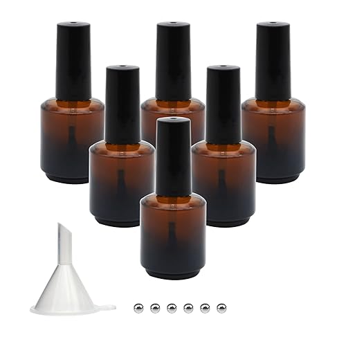 Agidea 6PCS Empty Nail Polish Bottles Amber 15ML/0.5 oz, Empty Dark Glass Refillable Nail Polish Bottles with Brush & Mixing Balls & Funnels,Brown