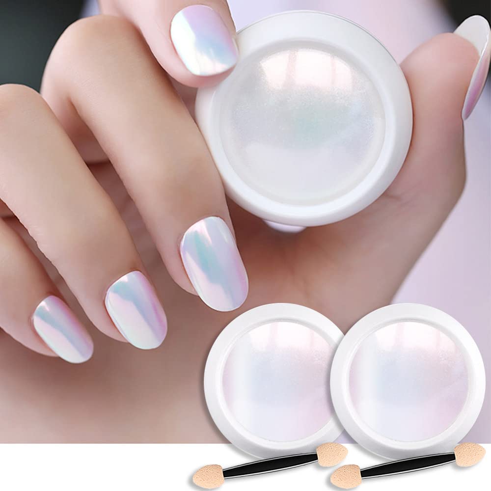 evpct 2Pcs Pearl White Mermaid Aurora Chrome Nail Powder Kit for Gel Nails Polish Rainbow Holographic Iridescent Chameleon Metallic Neon Nail Pigment