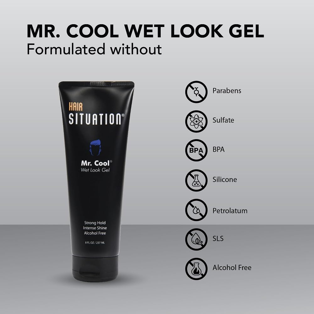 Hair Situation Mr. Cool Wet Look Strong Hold Hair Styling Hair Gel, High Shine, Anti-Humidity Shield, Anti-Frizz Fly Away, Alcohol-Free, No Flake