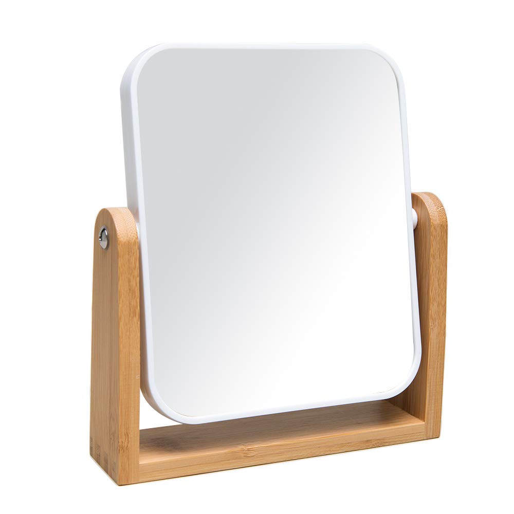 YEAKE Vanity Makeup Mirror with Natural Bamboo Stand, 8 Inch Double Sided 360 Degree Swivel Magnifying Mirror for Table, Desk, Countertop Shaving Make