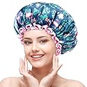 mikimini Large Shower Cap for Women Long Hair, Flamingo Shower Caps with Pink Lace, Double-layer Waterproof, Reusable, Washable,X-Large (Pack of 1)