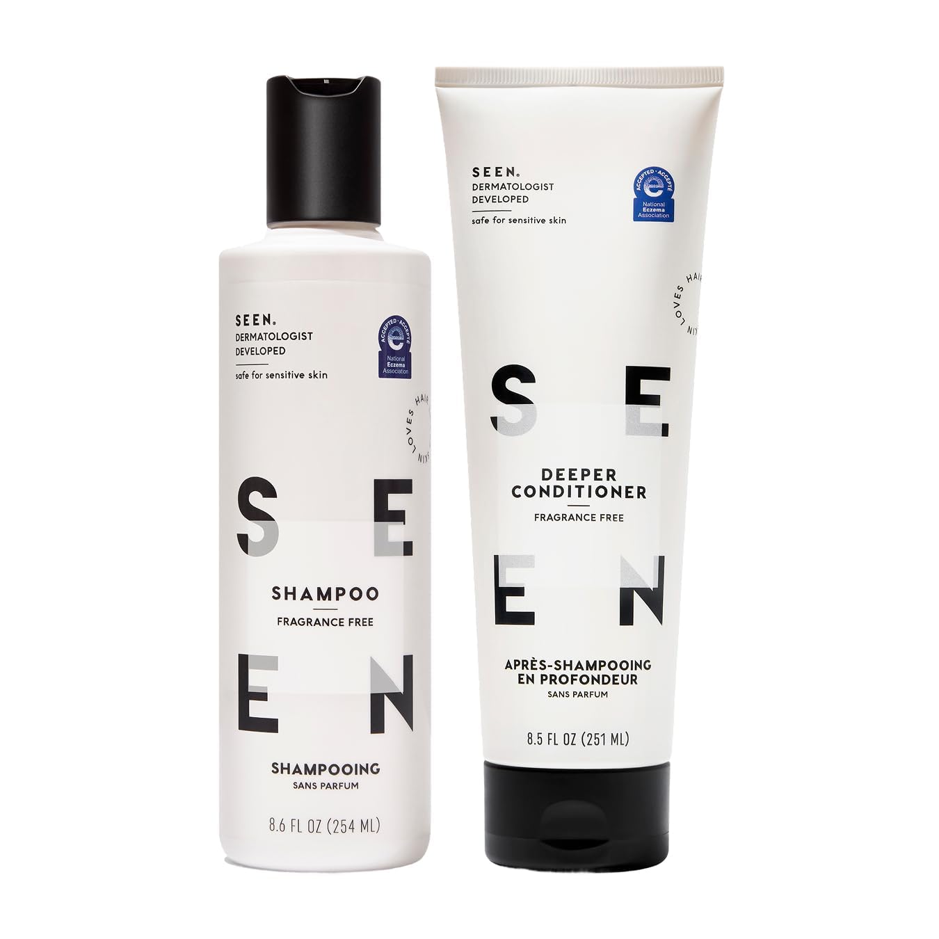 SEEN Shampoo & Deeper Conditioner Bundle, Fragrance Free - Non-Comedogenic Hair Care Set, Dermatologist-Developed, Safe for Sensitive, Eczema