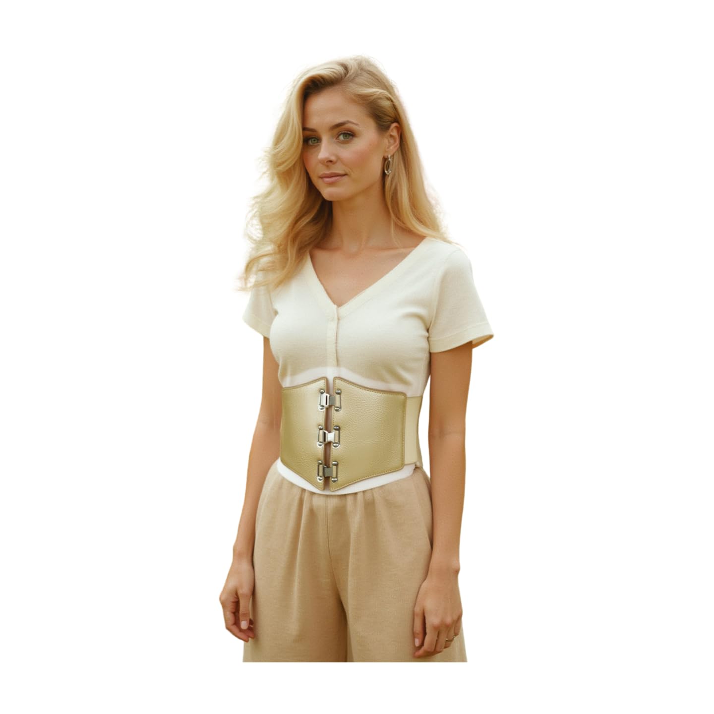 Trendy Fashion Jewelry TFJ Women Wide Elastic Corset Belt High Waist Elastic Plus Size L XL XXL Champagne Beige