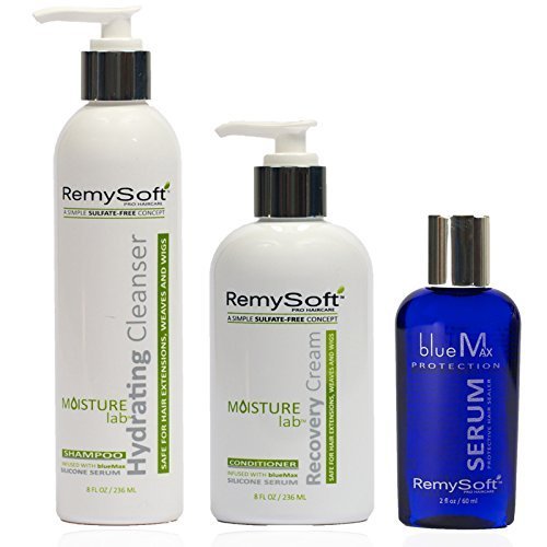 RemySoft Sulfate-Free 3-Step Detangling Kit: Hydrating Shampoo + Recovery Conditioner + Serum for Human & Synthetic Extensions Wigs Weaves Lace Fronts