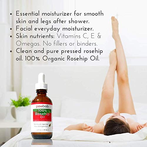 powbab 100% Rosehip Oil - Organic, Cold Pressed from Premium Rosa Rubiginosa Rosehip Seed. Face and Body Oil for Skin, Hair, Nail Repair. Raw Pure E