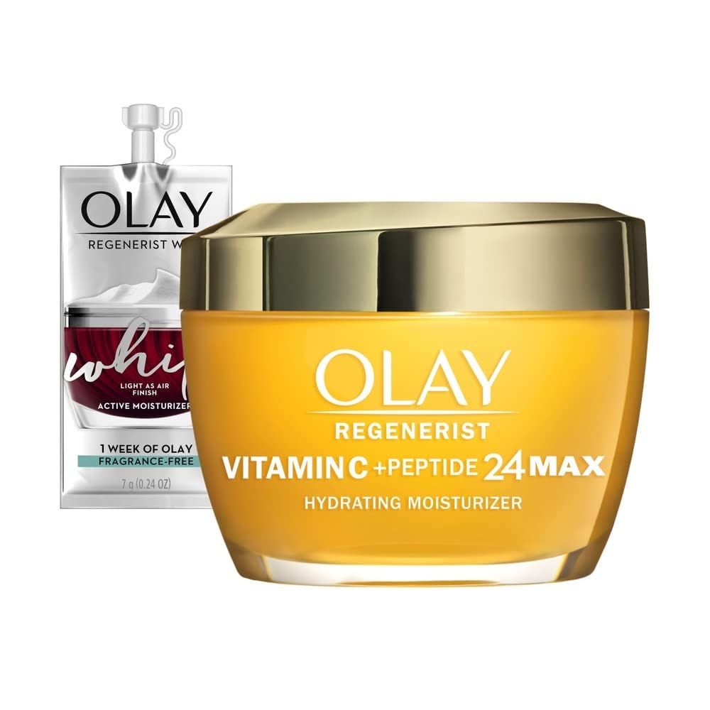 Olay Regenerist Vitamin C MAX + Peptide 24 Brightening Face Moisturizer for Brighter Skin, Lightweight anti aging cream for dark spots 1.7oz, Includes