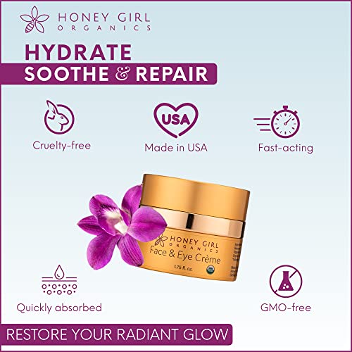 Honey Girl Organics Face & Eye Crème, USDA Certified Organic Facial Moisturizer & Under Eye Cream for Wrinkles, Dark Circles and Puffiness w/Hydrating