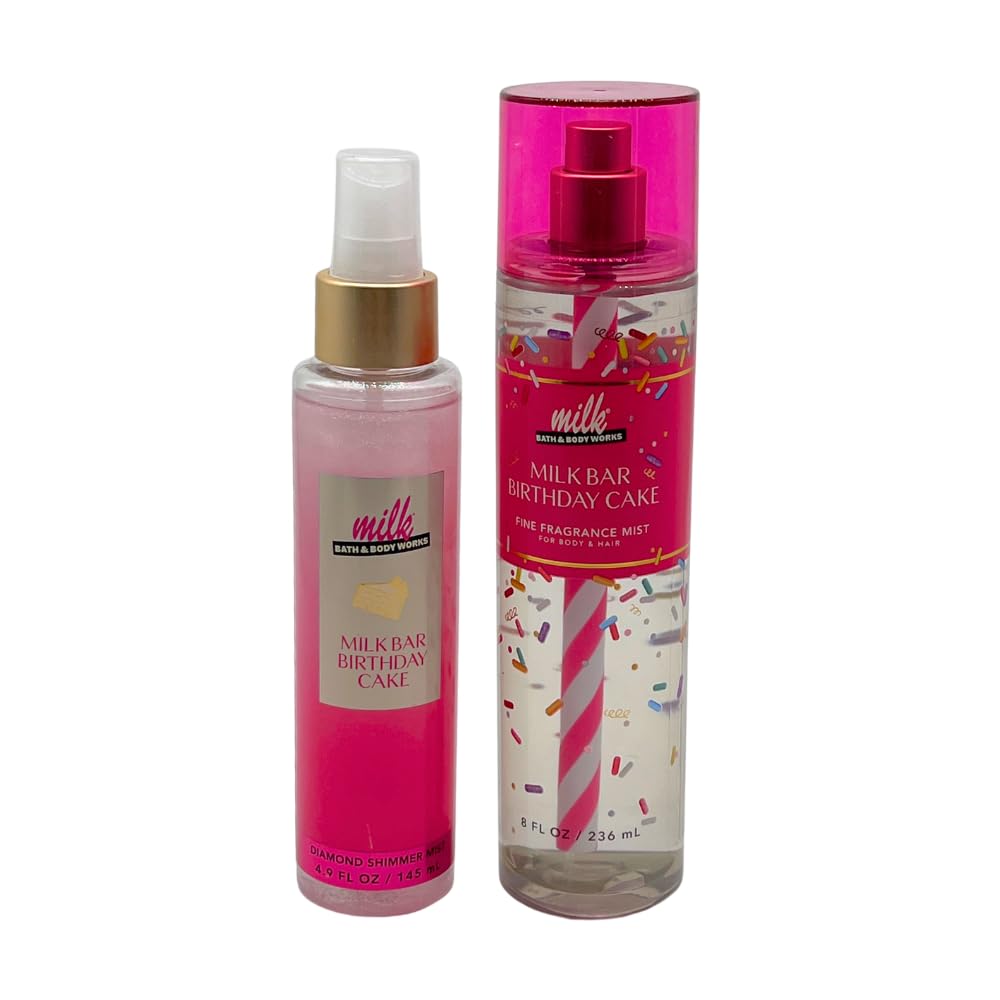 Bath & Body Works MILK BAR BIRTHDAY CAKE Fine Fragrance Mist & Diamond Shimmer Mist 2pc bundle with a Red Bow for Holidays & Gifts