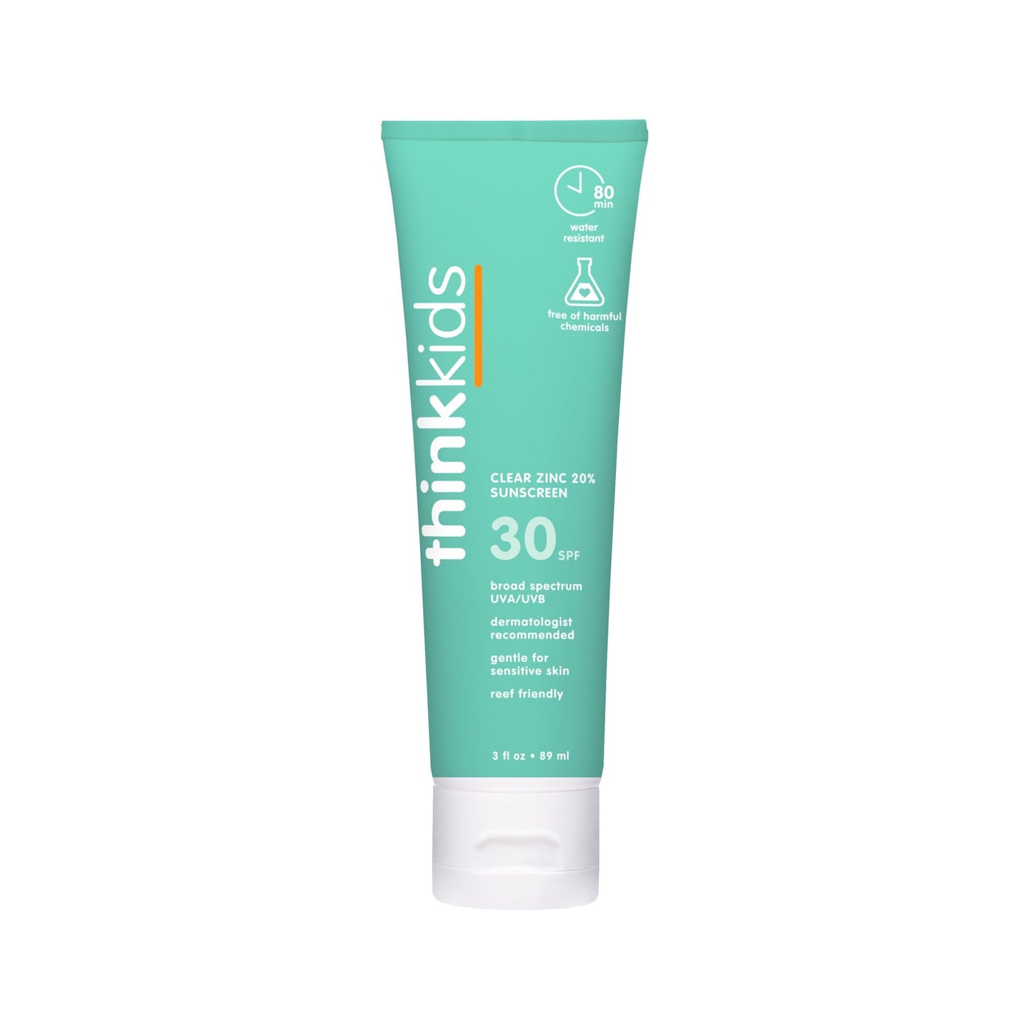 Thinkkids SPF 30 Mineral Sunscreen, Clear Zinc Oxide, 3 fl oz - Natural, Water Resistant, Kids & Toddler Sun Protection, Reef Safe