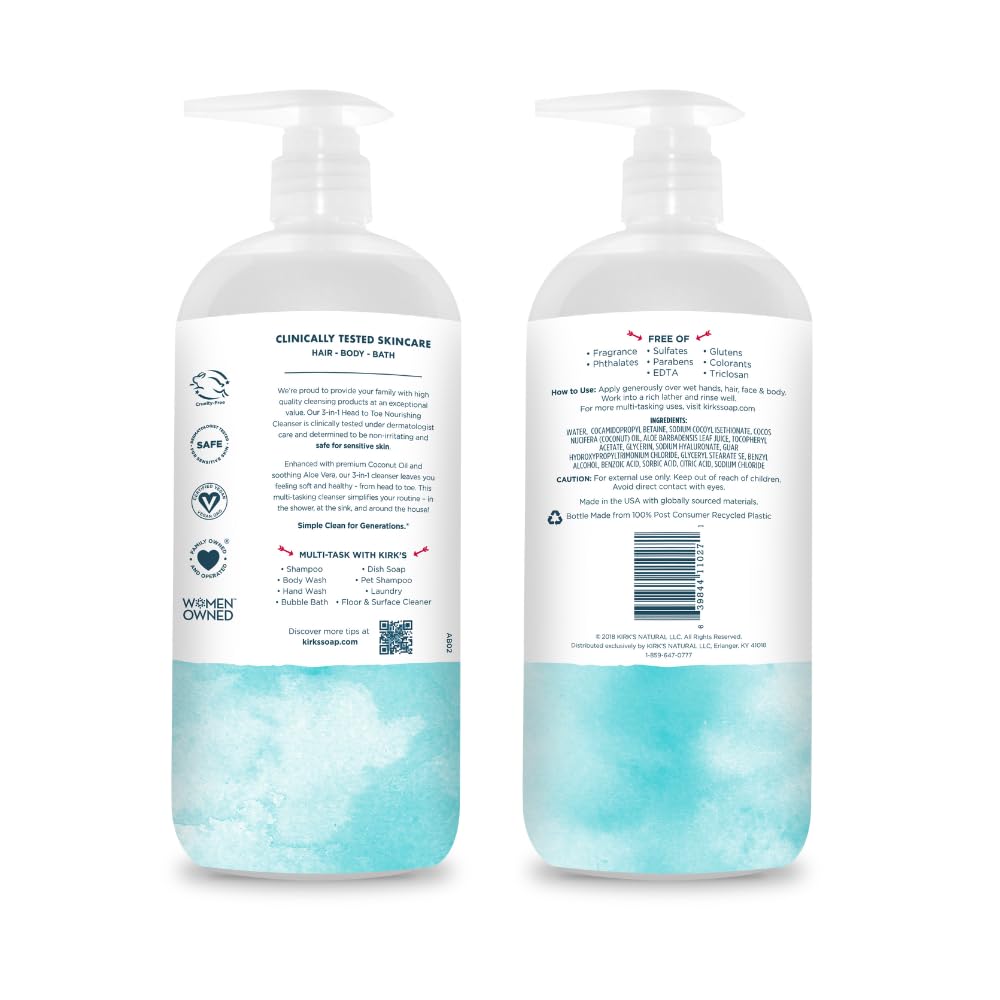 Kirk's Fragrance Free 3-in-1 Nourishing Cleanser, Shampoo Body Wash Bubble Bath, Coconut Oil and Aloe Vera, Vegan Non-GMO, 32 Fl Oz, Pack of 2