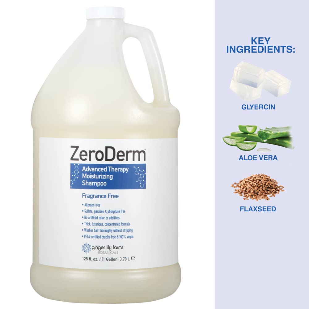 Ginger Lily Farms Botanicals ZeroDerm Advanced Therapy Moisturizing Shampoo for All Hair Types, 100% Vegan & Cruelty-Free, Fragrance Free, 1 Gallon