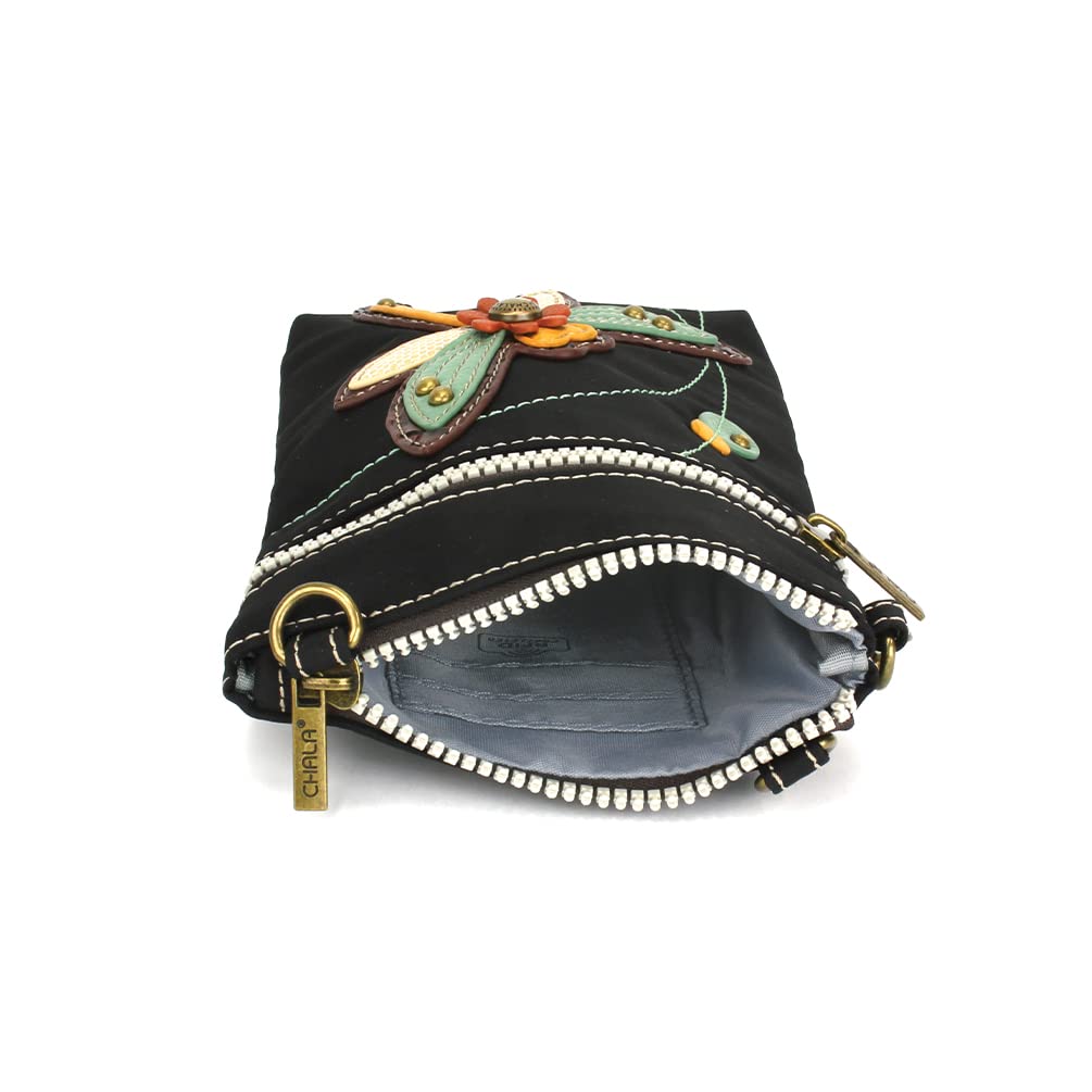 CHALA Crossbody RFID Cell Phone Purse - Women Nylon/Faux Leather Multicolor Handbag with Adjustable Strap Venture - Dragonfly - black