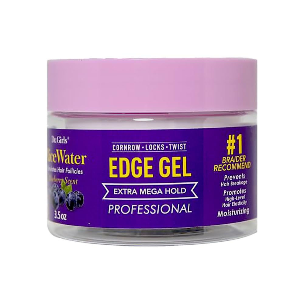 Dr. Girls Rice Water Edge Gel - Extra Mega Hold for Cornrows, Locs & Twists with Biotin, Castor Oil 3.5oz (Blueberry)