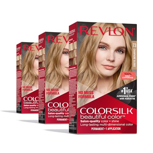 Revlon ColorSilk Permanent Hair Color, 100% Gray Coverage Dye Kit, Ammonia-Free, Keratin and Amino Acids, Blonde Shades, 73 Champagne Blonde (Pack
