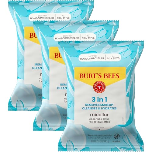 Face Wipes, Burt's Bees Facial Cleansing, Makeup Remover Towelettes, 3 in 1 Hydrating Micellar Cleanser with Coconut & Lotus Water, 90 Count