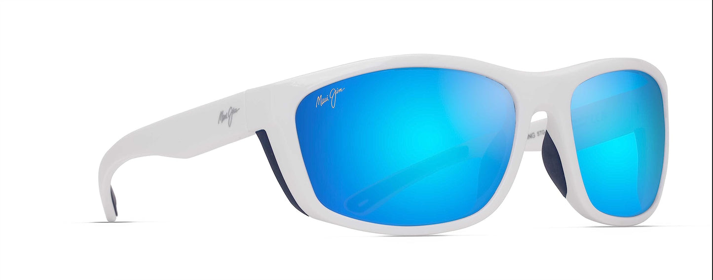 Maui Jim Men's and Women's Nuu Landing Polarized Wrap Sunglasses, White w/Navy Rubber/Blue Hawaii, Medium