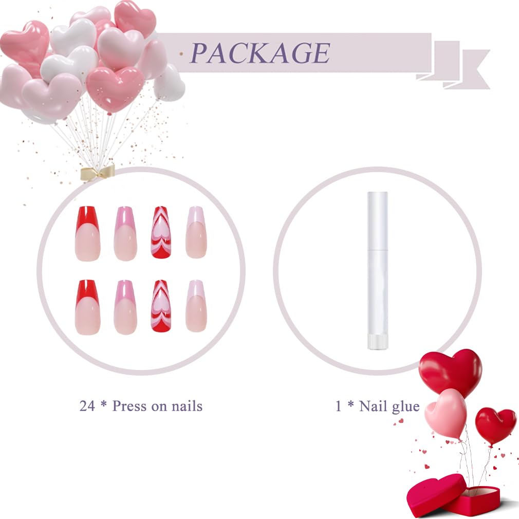 BABALAL Valentines Press on Nails - Medium Coffin Fake Nails, Pink Heart French Acrylic, 24pcs Swirl False Nails Glossy Design