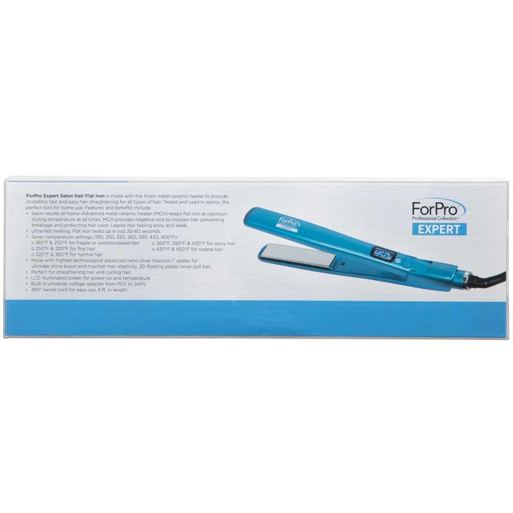 ForPro Professional Collection Expert Salon Hair Flat Iron, Advanced Nano Silver Titanium Technology, Ultra-Fast Heating with 7 Heat Settings, LCD