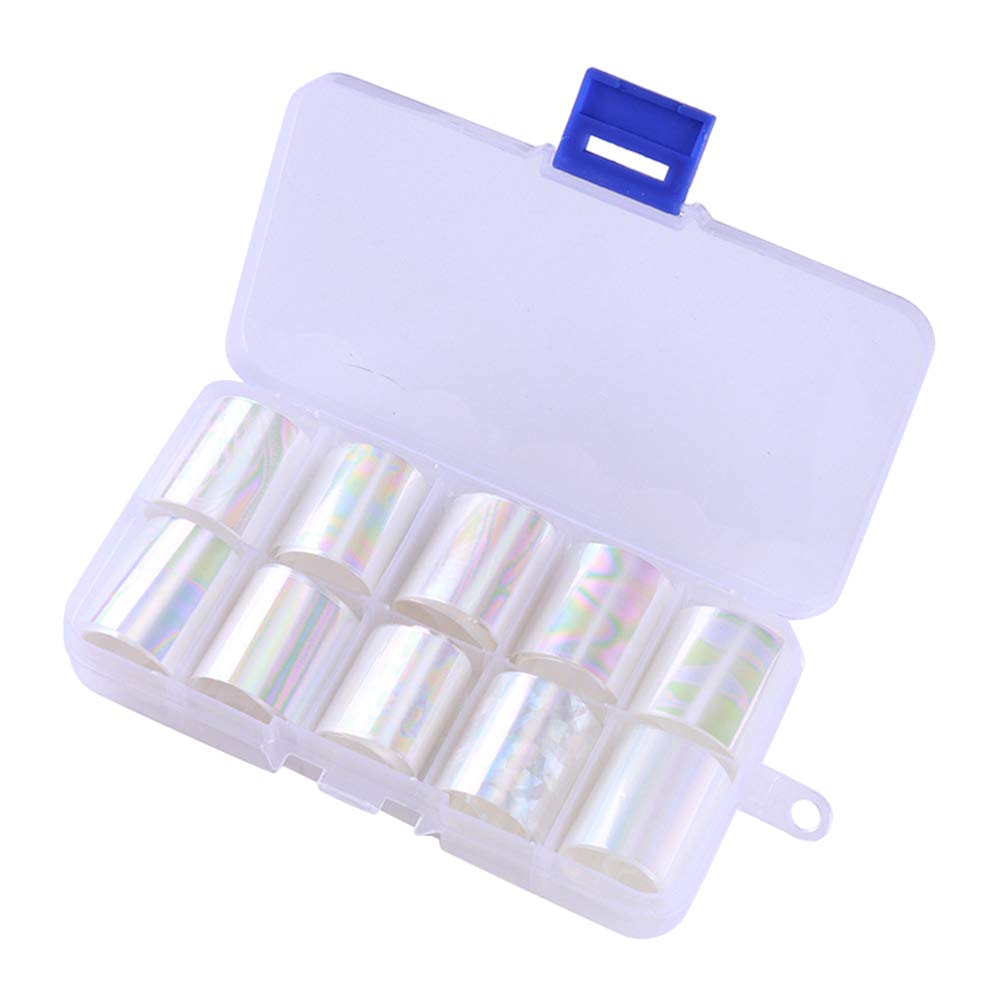 WOKOTO 10 Rolls White Pearl Color Holographic Nail Art Foil Transfer Roll Set Mix-Pattern Stickers Nails Transfer Decals Wraps Kit(1.0inchs*39.4inchs