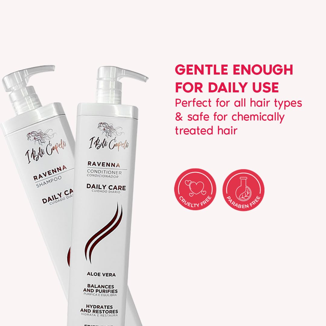I Belli Capelli Ravenna Aloe Vera Shampoo & Conditioner Set - Paraben-Free, Deep Moisture, Breakage Reduction for Dry, Damaged & All Hair Types, 2×1L