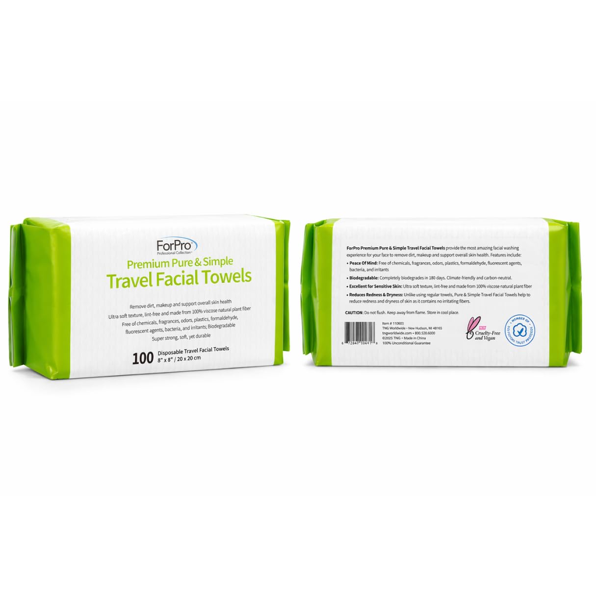 ForPro Travel Size Disposable Face Towels, 8"x8" Compact Dry Wipes, Ultra Soft Lint-Free Viscose Makeup Remover Pads for Sensitive Skin