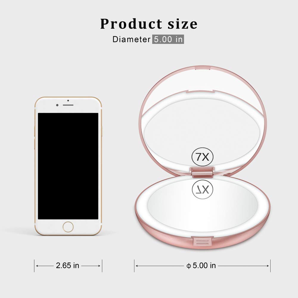 Benbilry LED Lighted Compact Travel Makeup Mirror with Lights, 1x/7x Magnification, 5 Inch Dual Sided Portable Illuminated - Perfect for Handbag
