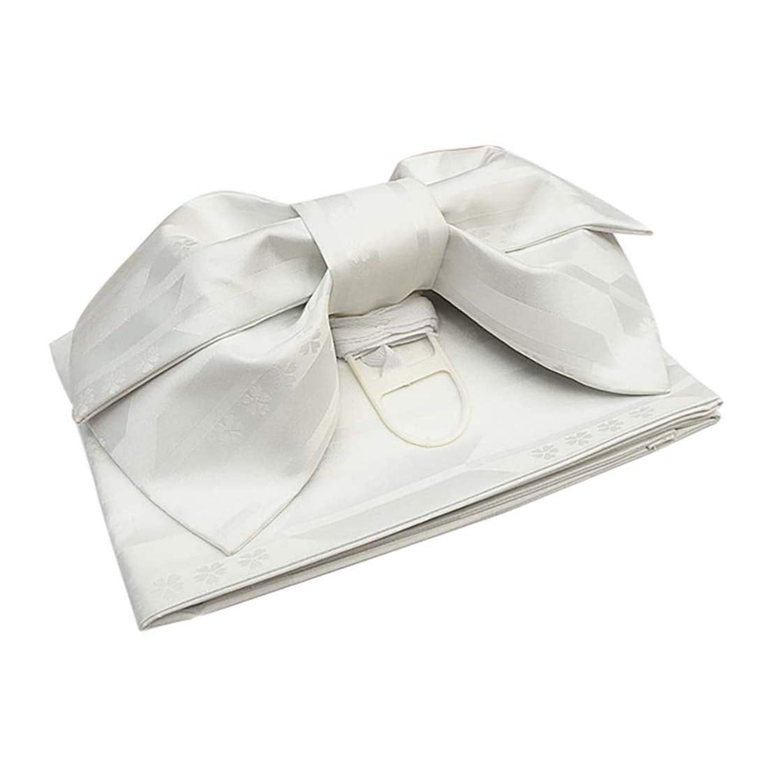 Japanese Traditional Pre-Tied OBI Belt Sakura Jacquard Weave Bow Tsukuri OBI Kimono Sash Yukata Robe Accessories (White)