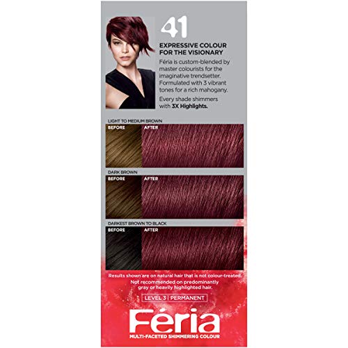 L'Oreal Paris Feria Multi-Faceted Shimmering Permanent Hair Color, 41 Crushed Garnet (Rich Mahogany), Pack of 1, Hair Dye