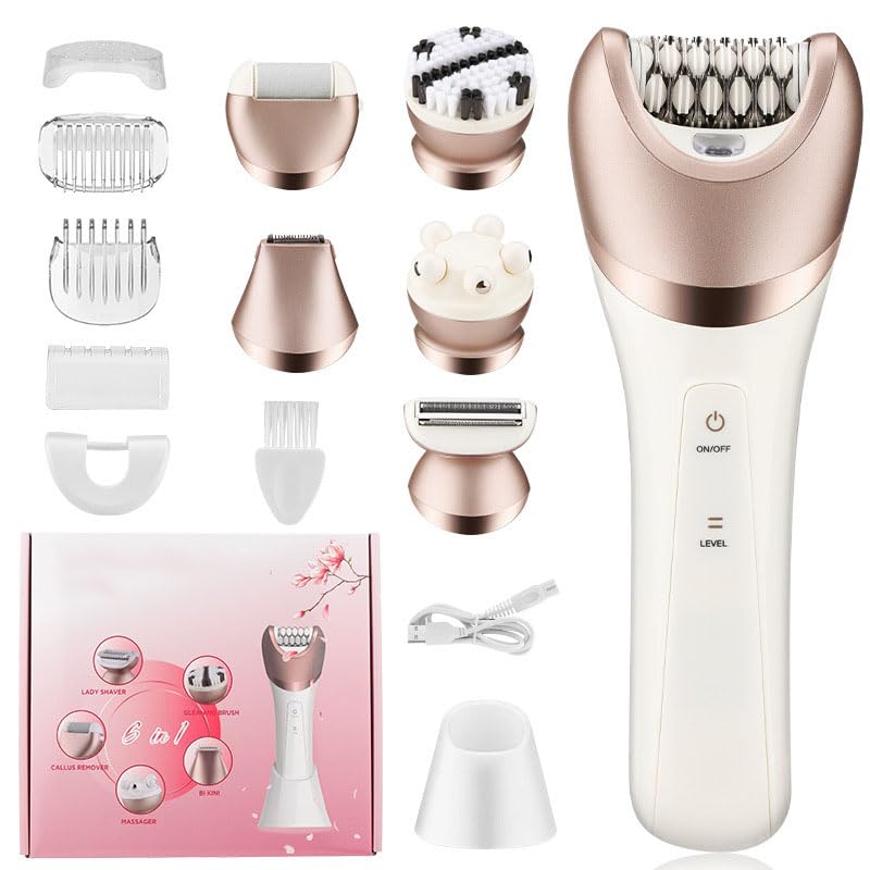 Epilator Hair Removal for Women, 6-in-1 Cordless & Rechargeable Lady Electric Shaver, Waterproof Trimmer Device Wet and Dry Bikini for Face Arm Leg Beauty and Personal Care QDKVTNDJZ