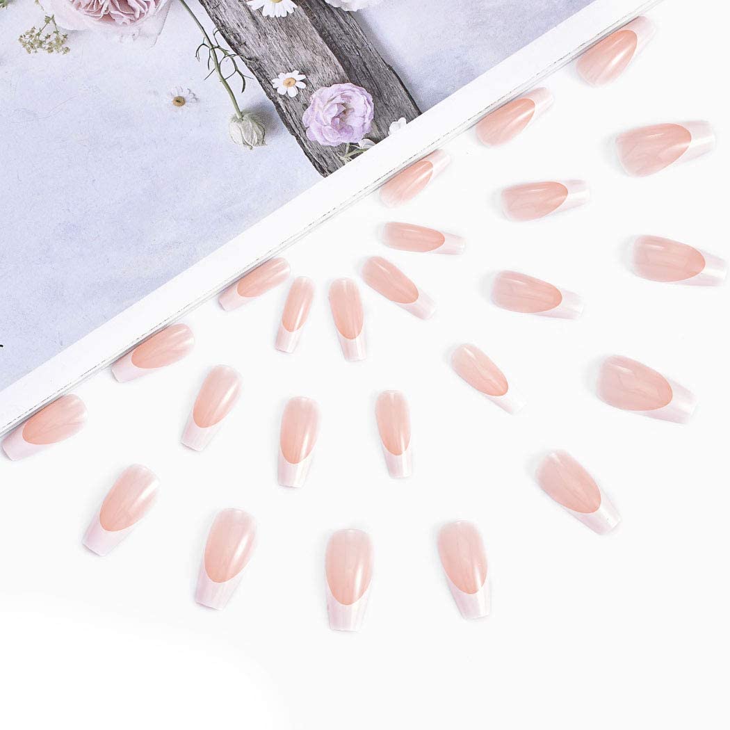 Aksod Long Coffin French Manicure Press on Nails Tips Glossy Pink Fake Nails Designed Ballerina Full Cover Artificial False Nails Tips for Women
