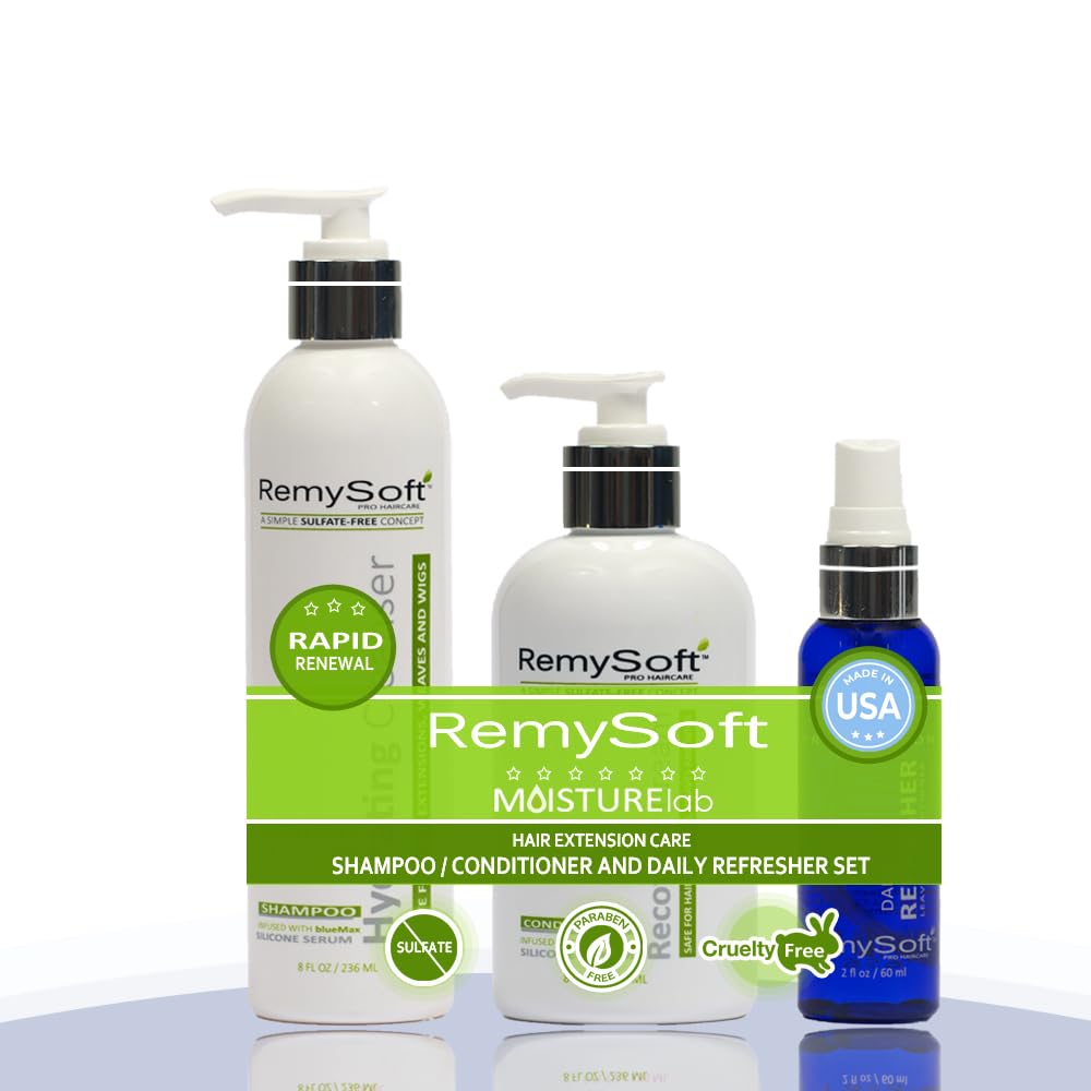 RemySoft Moisturelab Rapid Renewal System - Safe for Hair Extensions, Weaves and Wigs - Salon Formula Shampoo, Conditioner & Leave-In Conditioner