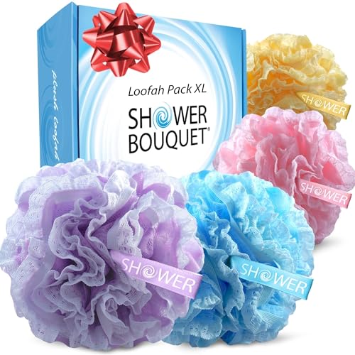 Loofah-Bath-Sponge Lace-Mesh-Set // 2-Scrubs-in-1 by Shower Bouquet/Large Full 60g Pouf (4 Pack Spa Colors) Body Luffa Loofa Loufa Puff - Exfoliate