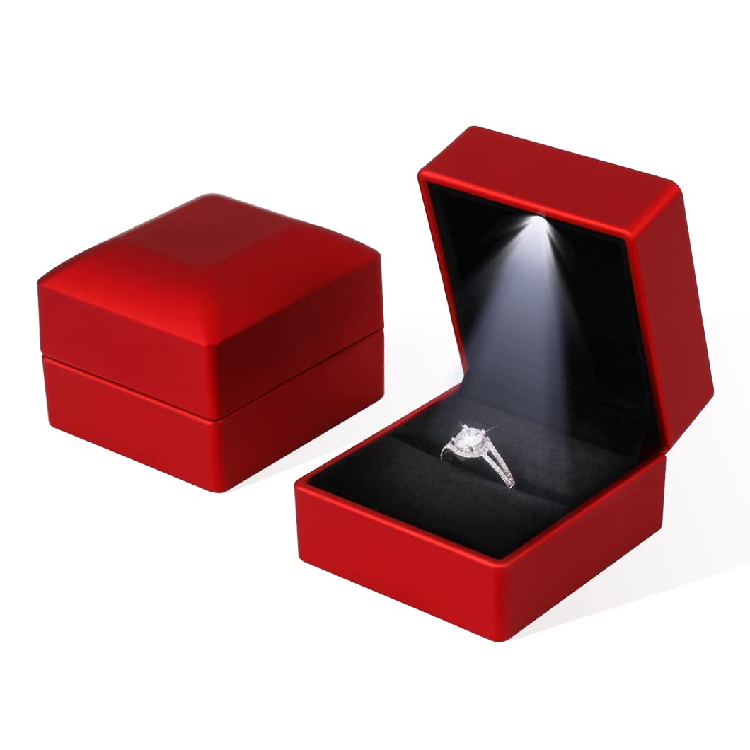 Rolin Roly 2PCS Red Ring Box with LED Light Square Jewelry Ring Case Jewellry Display Gift Boxes for Wedding Ring Box Ceremony Engagement Proposal…