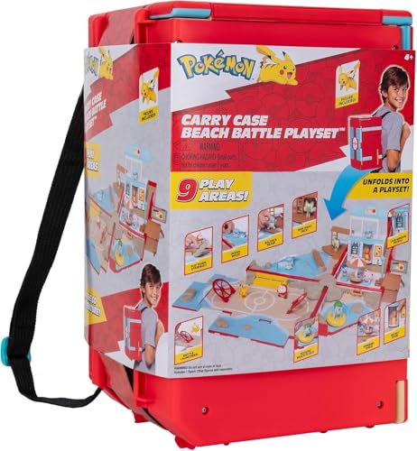 Jazwares Pokemon Carry Case Beach Battle Playset - Portable Transforming Backpack Playset with Action Features and 2-inch Pikachu Battle Figure